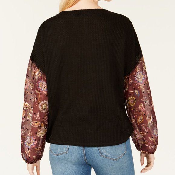 Gypsies & Moondust Juniors Medium (m) Waffle Knit Sheer Sleeve Top Wine Black - Picture 2 of 2